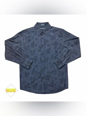 Beverly Hills Polo Club Men’s Large Black Striped Floral Button Down Dress Shirt